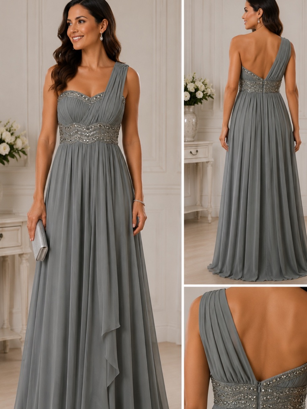 May gueen saga green gray formal bridesmaids maxi beads dress size 8